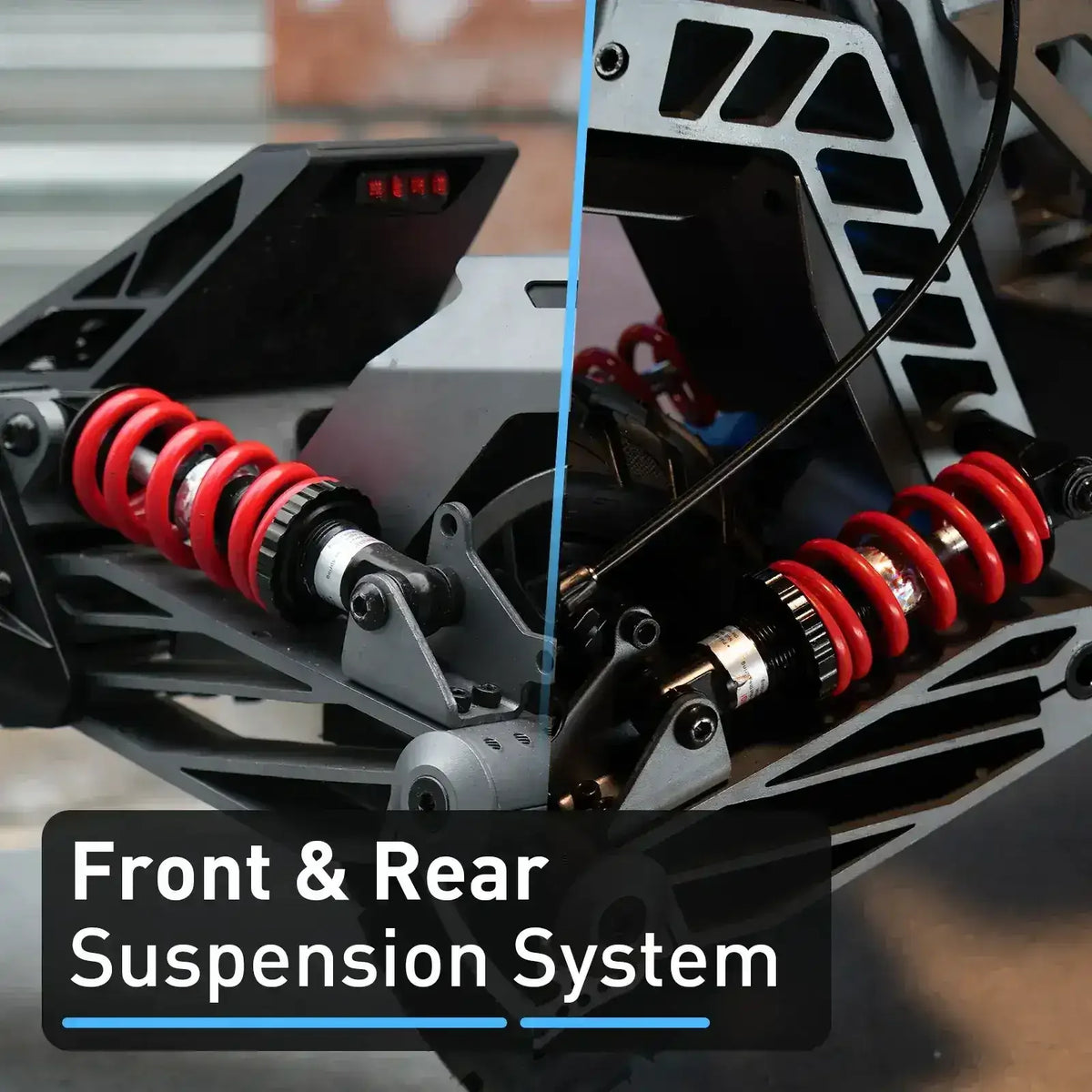 Close-up of ATV front and rear suspension system with red coil shocks, performance parts.