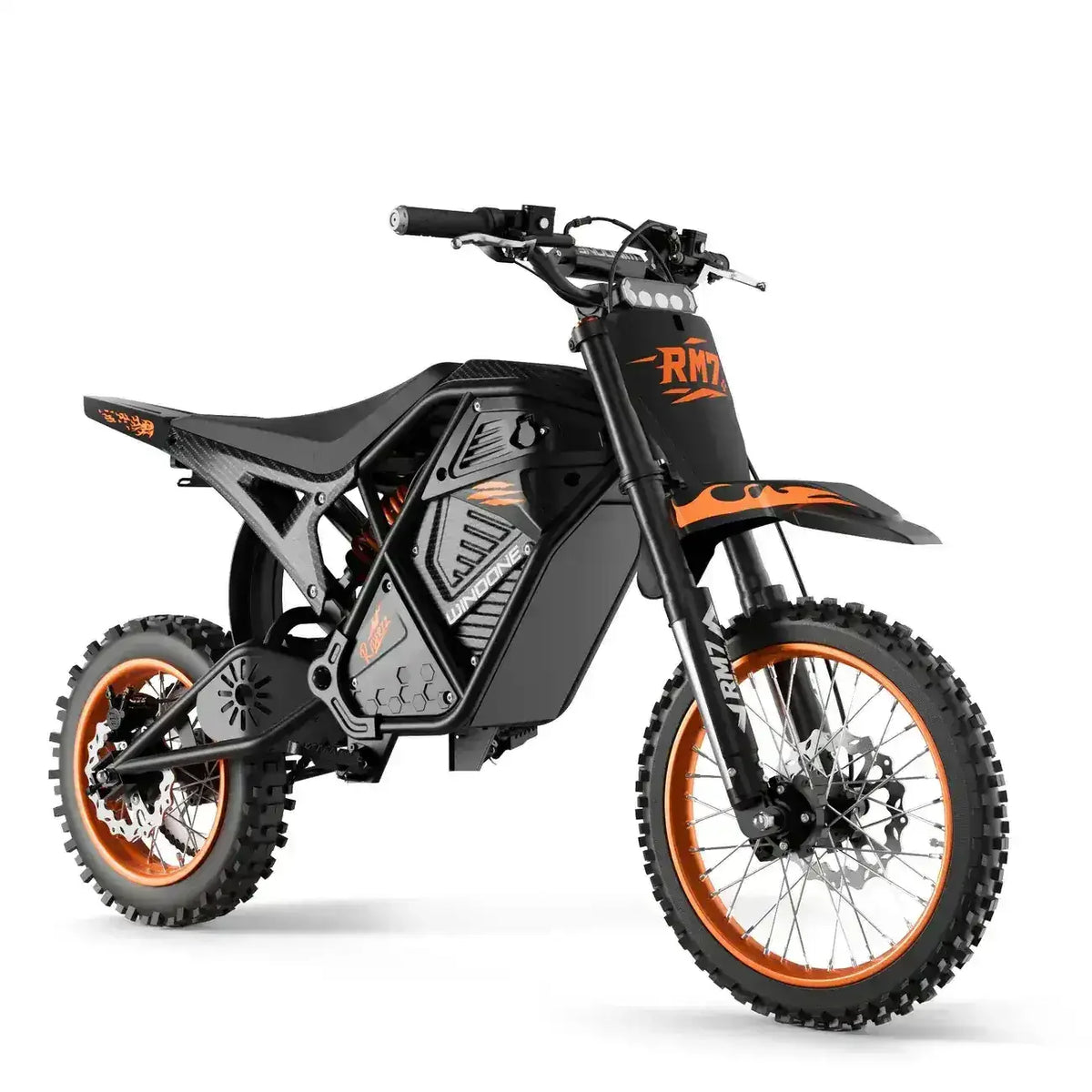 Electric dirt bike with black and orange design, off-road tires, and rugged frame