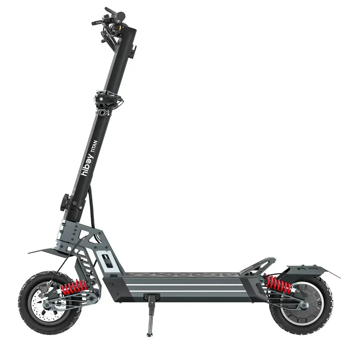 All-terrain electric scooter with thick tires, suspension, and foldable handlebar on white background