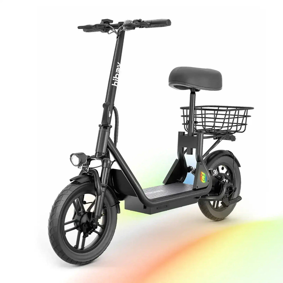 Black electric scooter with seat, front headlight, and rear storage basket on white background