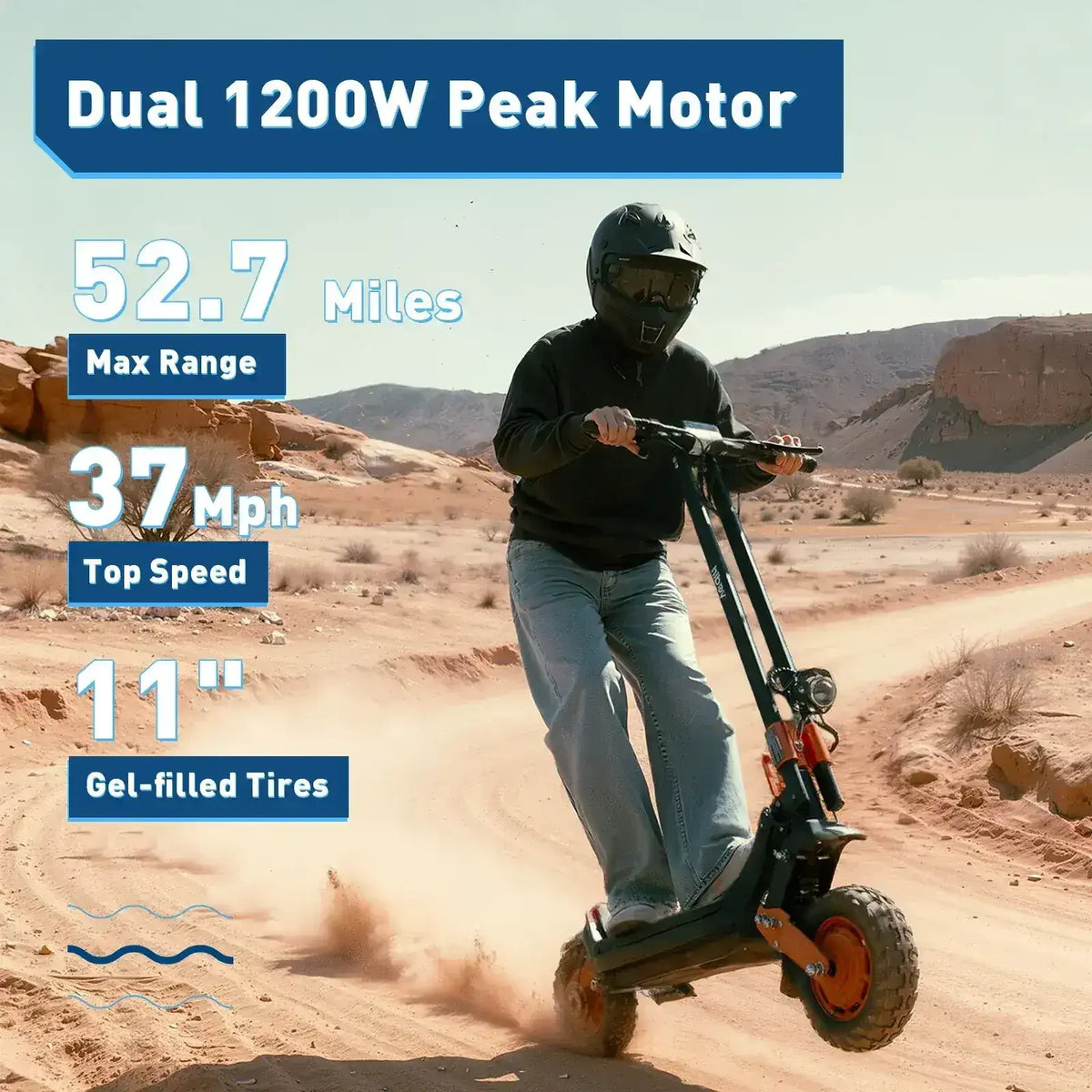 Rider on off-road electric scooter with dual 1200W motors, 37 mph speed, in desert terrain.