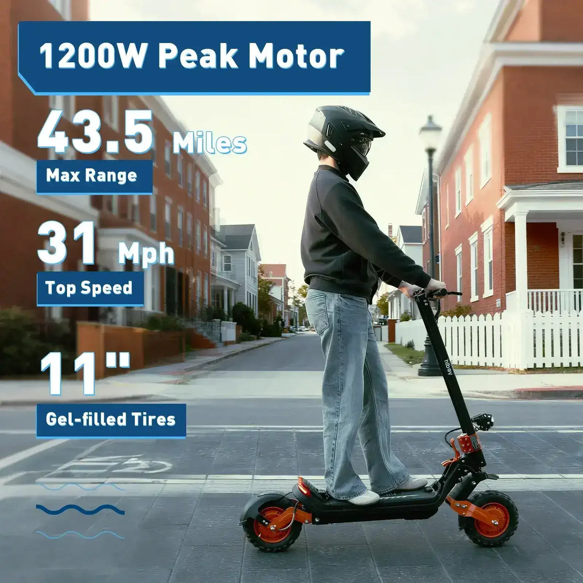 Person riding electric scooter with 1200W motor, 43.5 mile range, 31 mph top speed, on urban street