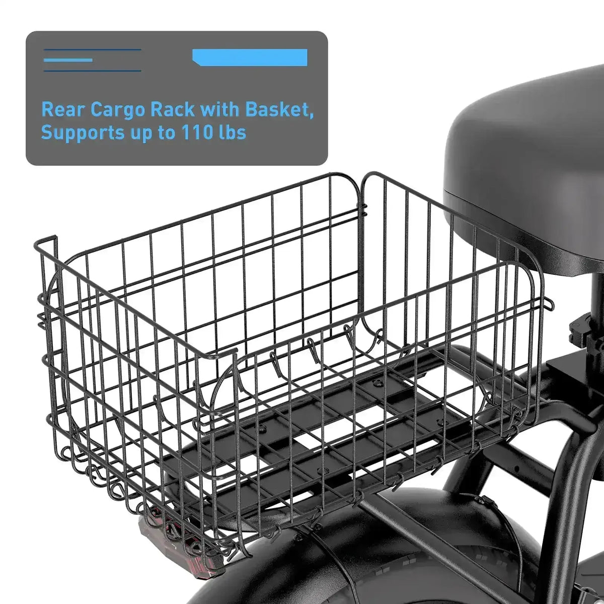 Motorcycle rear cargo rack with metal basket, supports up to 110 lbs.