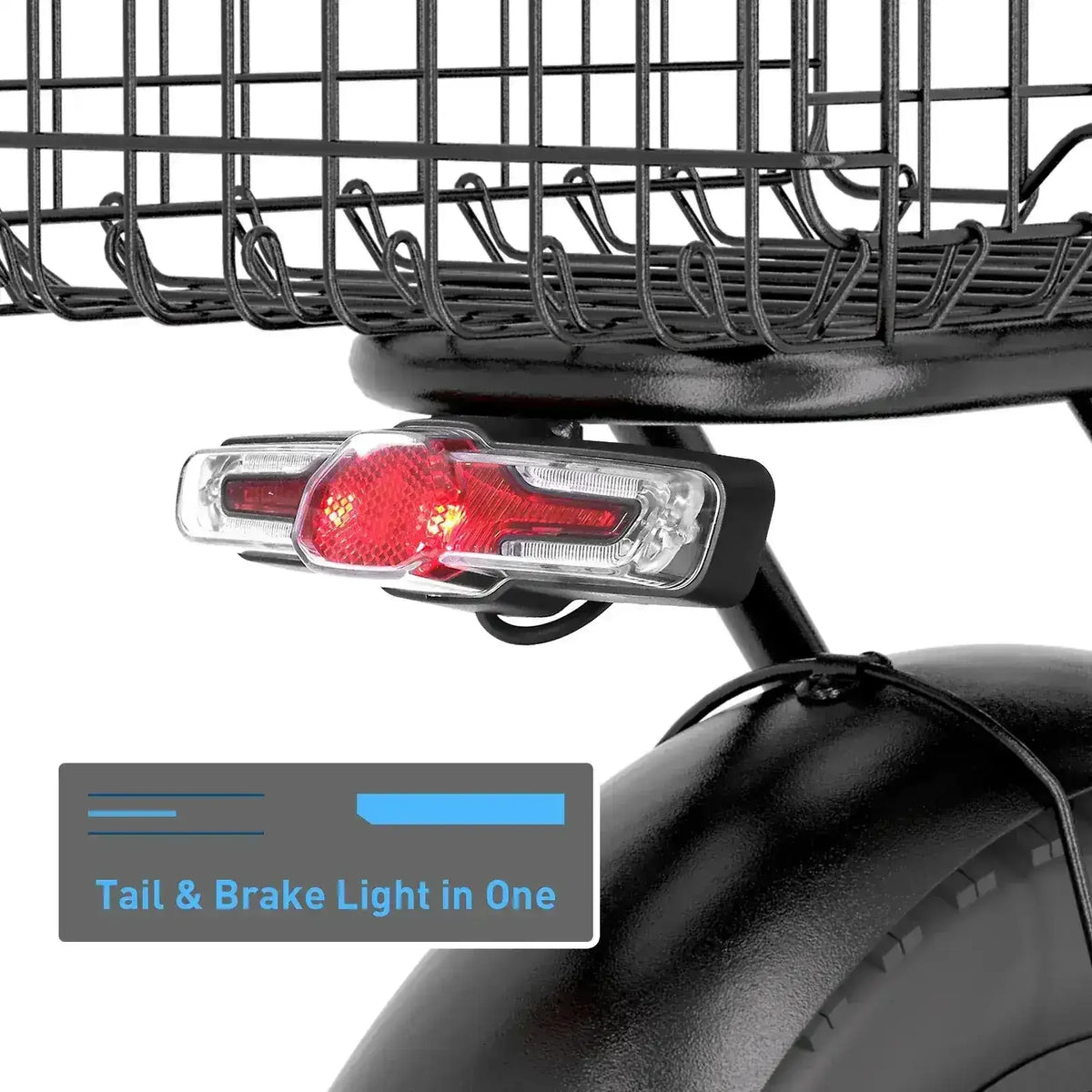 Rear view of a scooter with a bright red LED tail and brake light mounted below a metal cargo basket