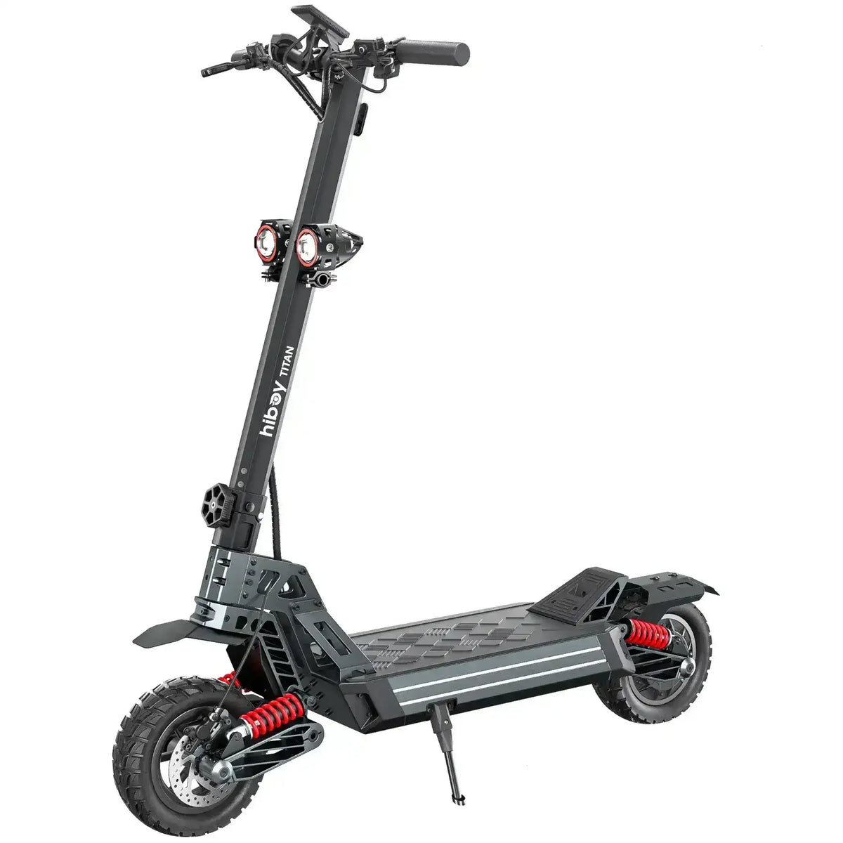 Electric scooter with large tires, front LED lights, and heavy-duty suspension on white background