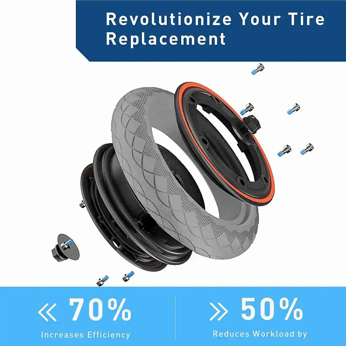 Exploded scooter tire and rim assembly with bolts, highlighting easy tire replacement
