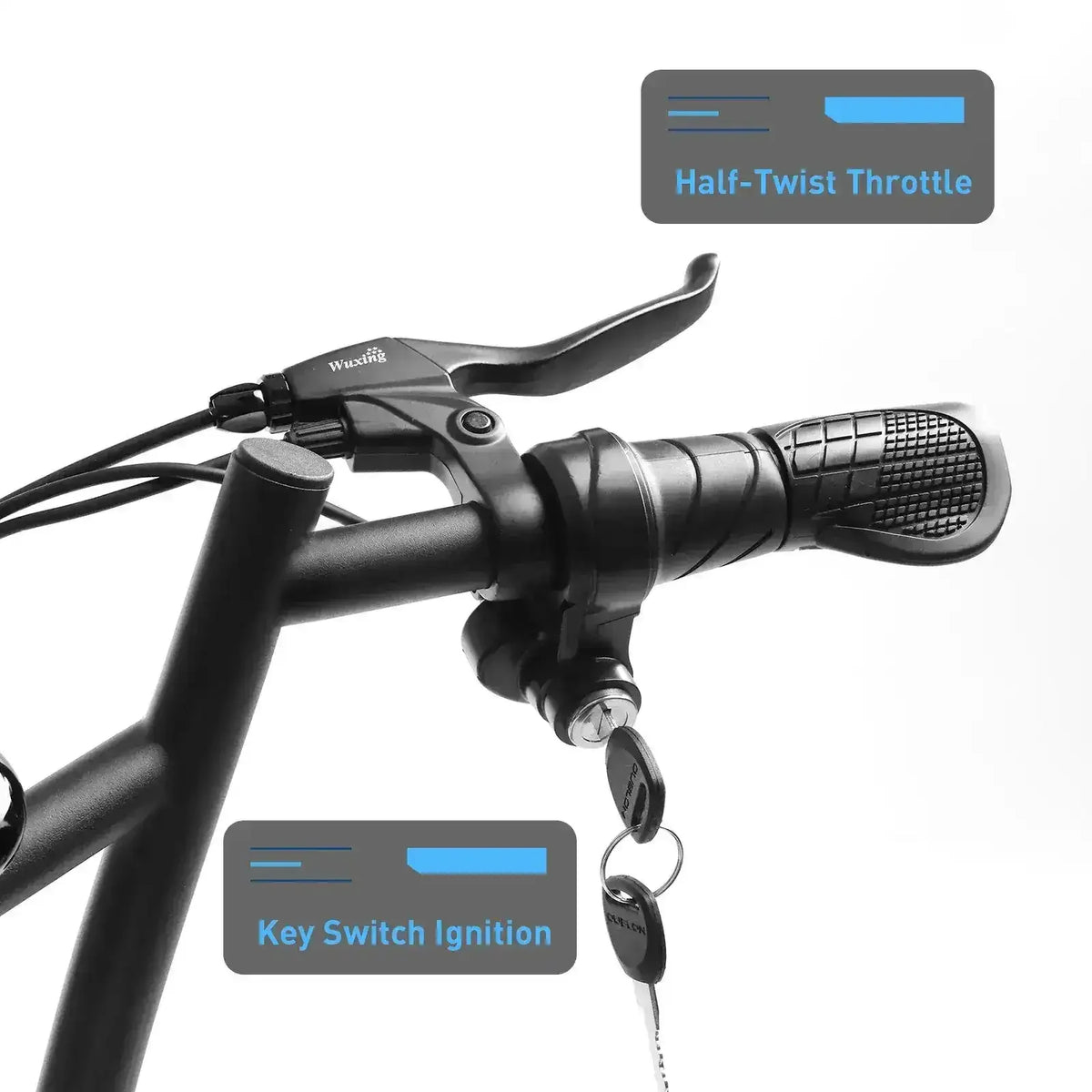 Close-up of ATV handlebar with half-twist throttle and key switch ignition features.