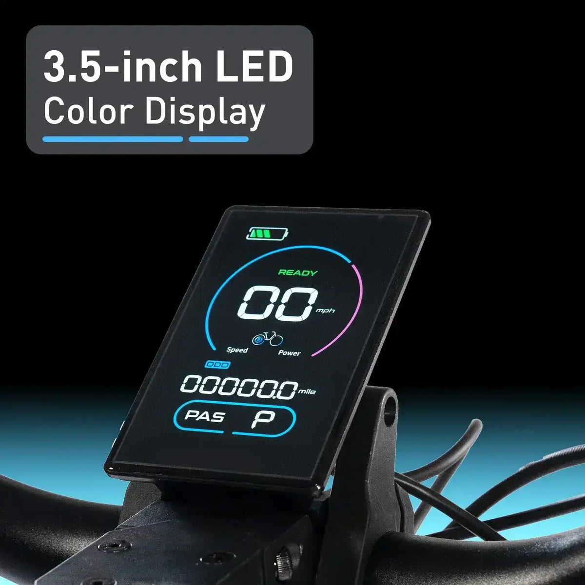 3.5-inch LED color display on ATV or electric bike handlebar shows speed, battery, and odometer.