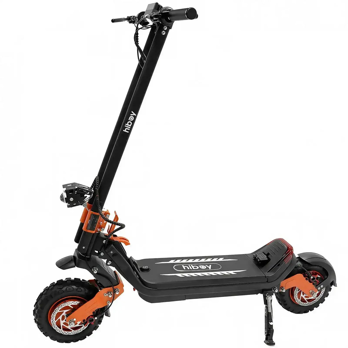 Electric scooter with off-road tires, orange accents, front light, and kickstand on white background