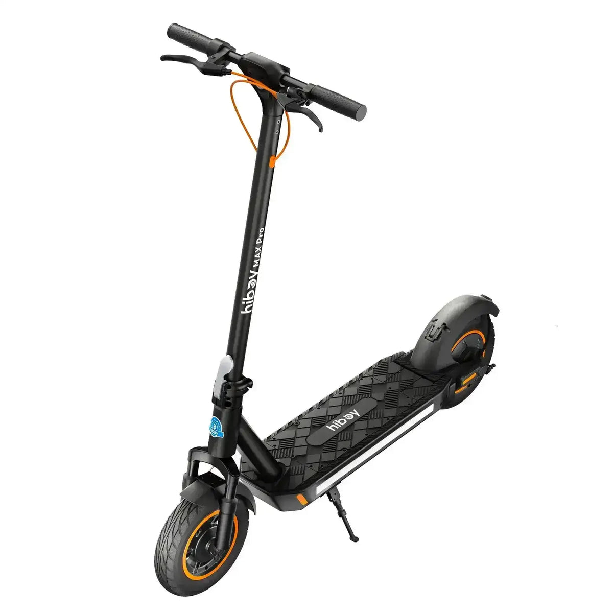 Black electric scooter with orange accents, foldable design, wide deck, and kickstand