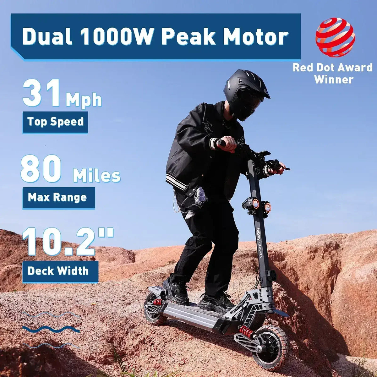 Person riding electric scooter with dual 1000W motor on rocky terrain, specs displayed
