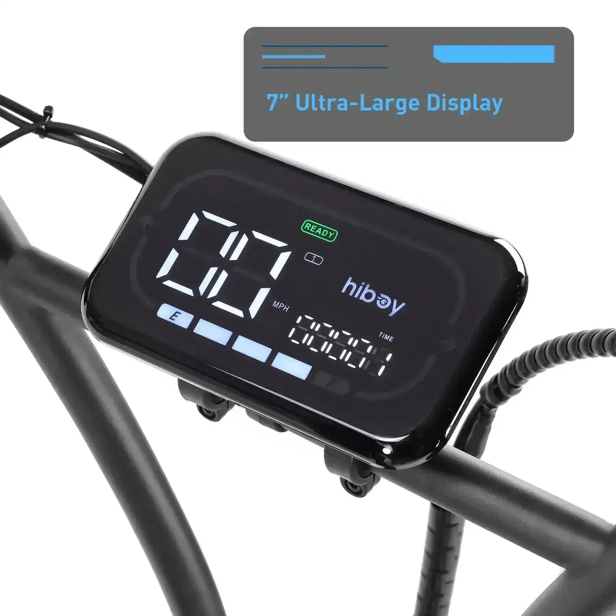 Close-up of a 7-inch digital LCD dashboard on electric scooter handlebars showing speed in mph.