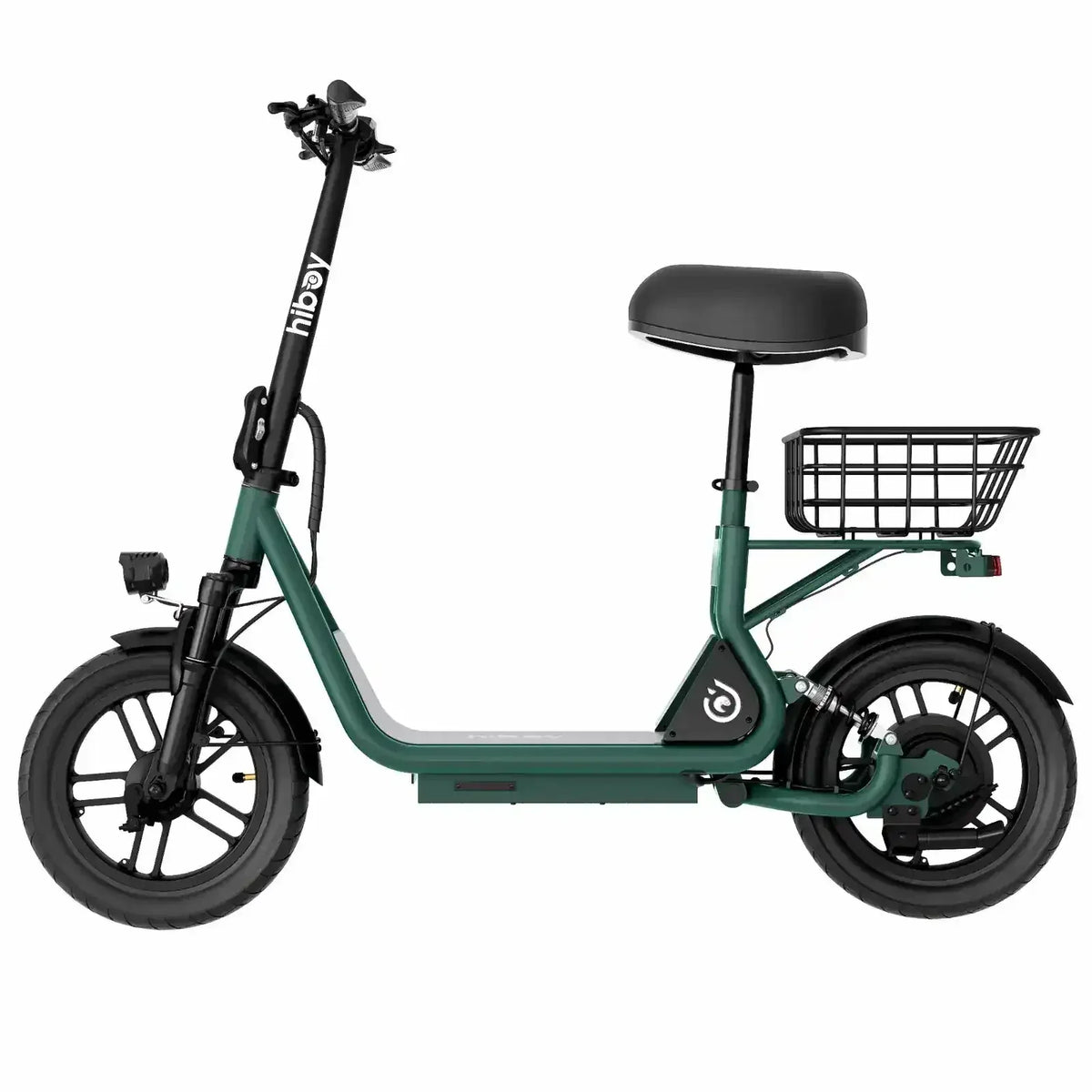 Green electric scooter with seat and rear cargo basket, side view, urban mobility vehicle