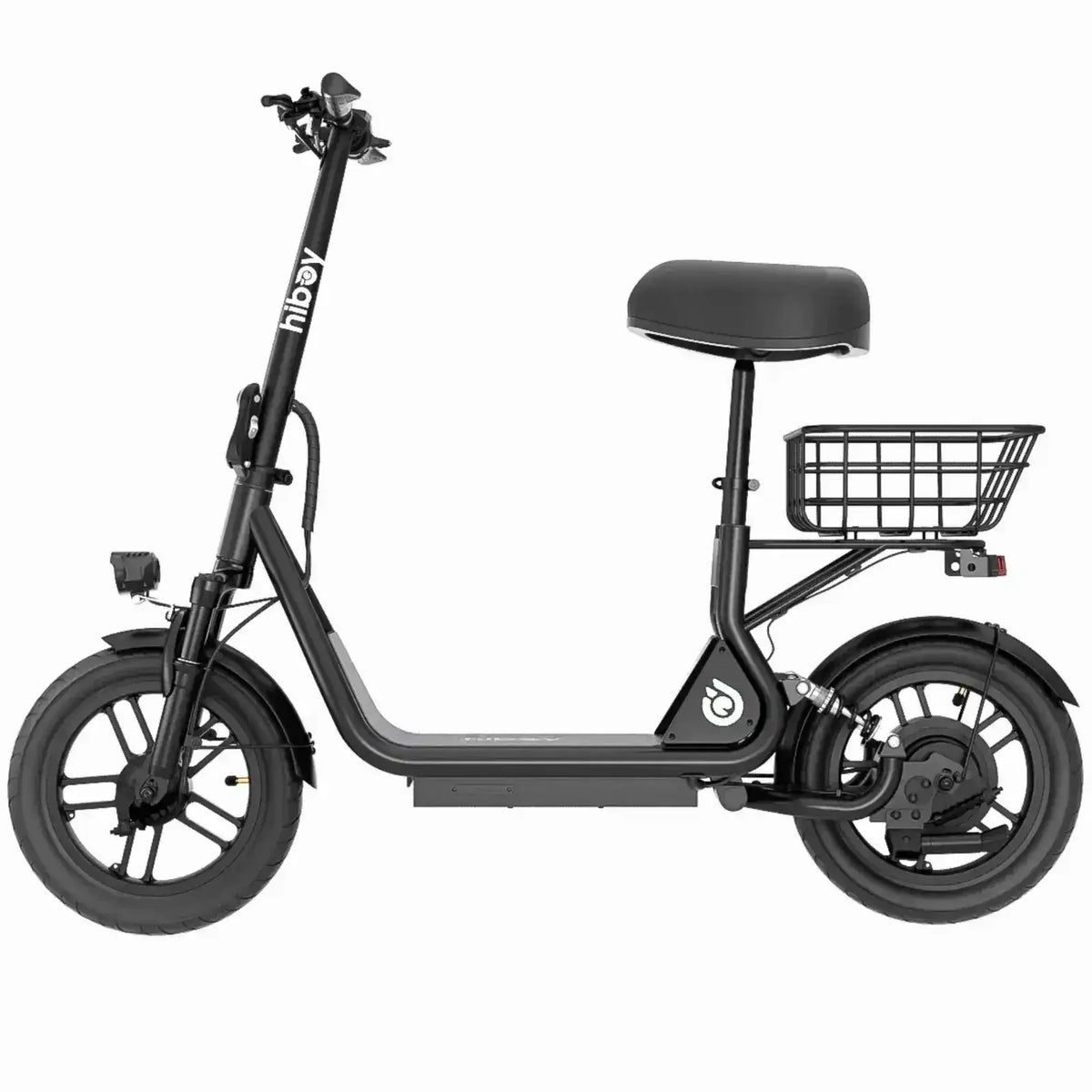 Black electric scooter with padded seat, rear cargo basket, and sturdy street tires