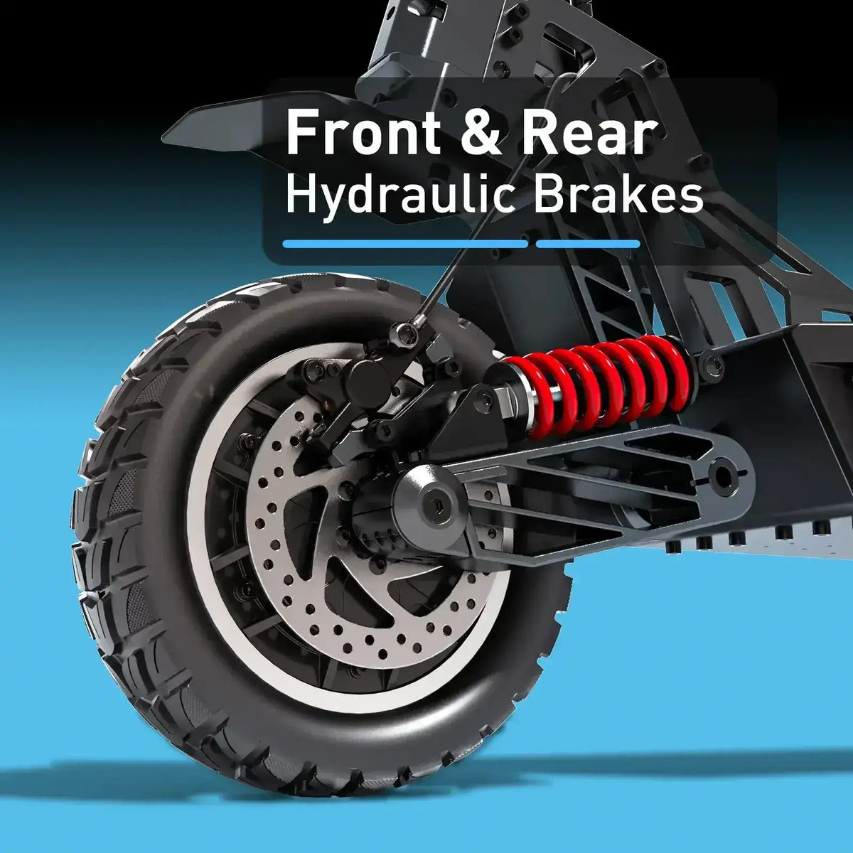 Close-up of off-road scooter wheel with front and rear hydraulic disc brakes and red suspension.