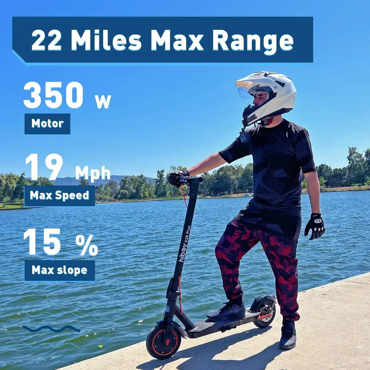 Man in helmet stands by electric scooter near lake, 22 mile range, 350W motor, 19 mph speed.