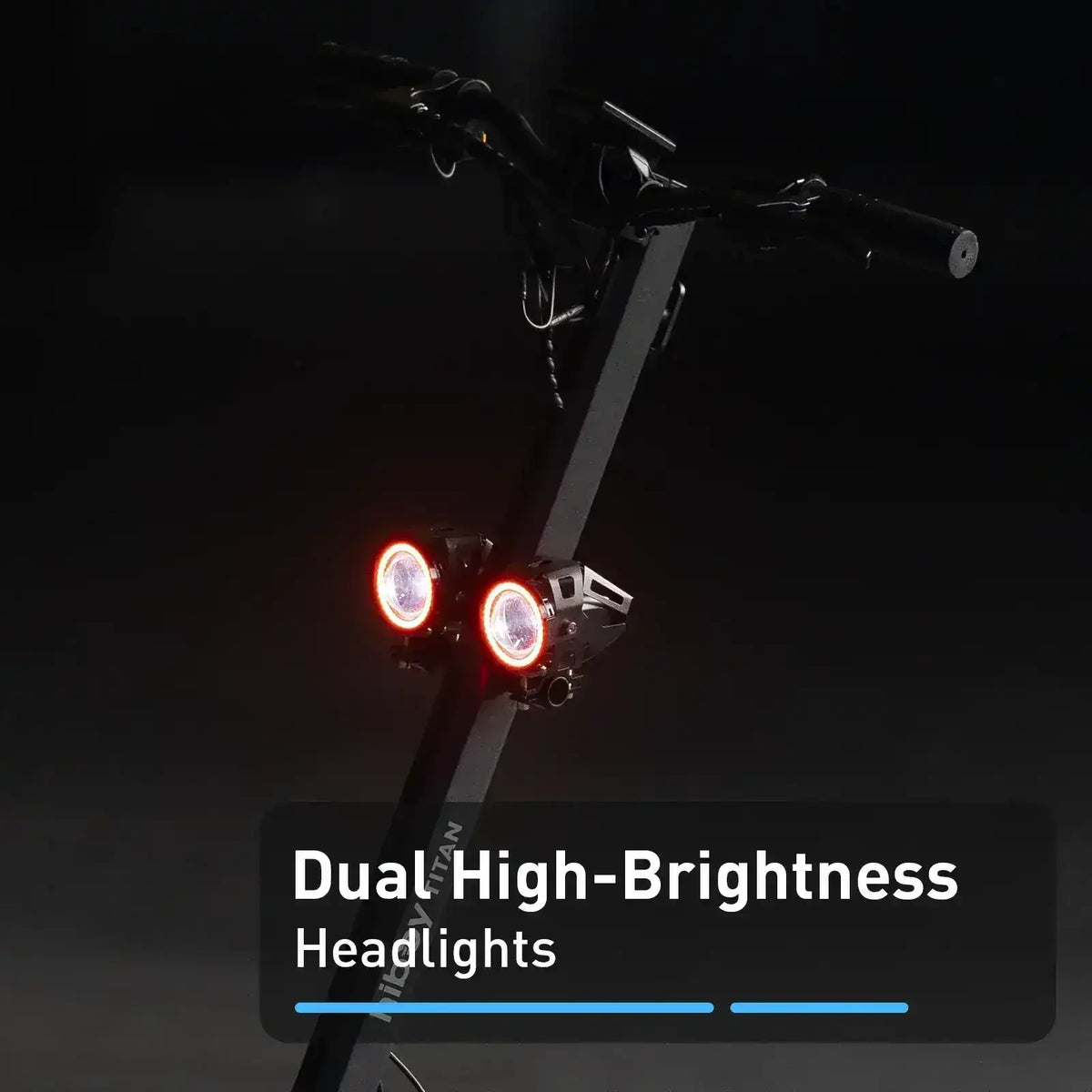 Electric scooter with dual high-brightness LED headlights in a dark setting