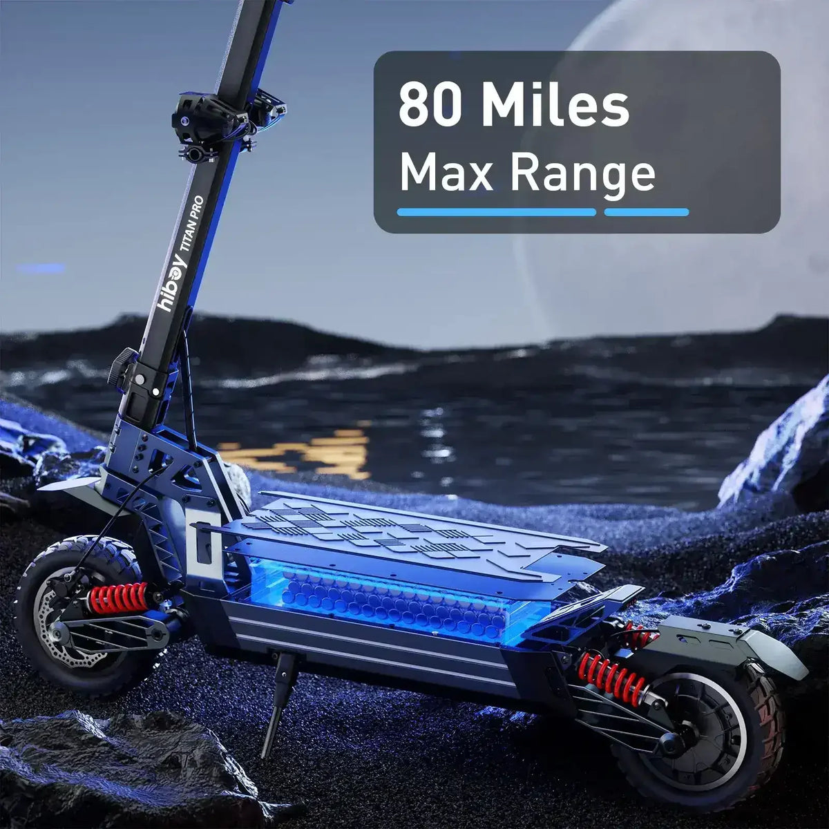 Electric scooter with illuminated deck on rocky terrain, showcasing 80 miles max range.
