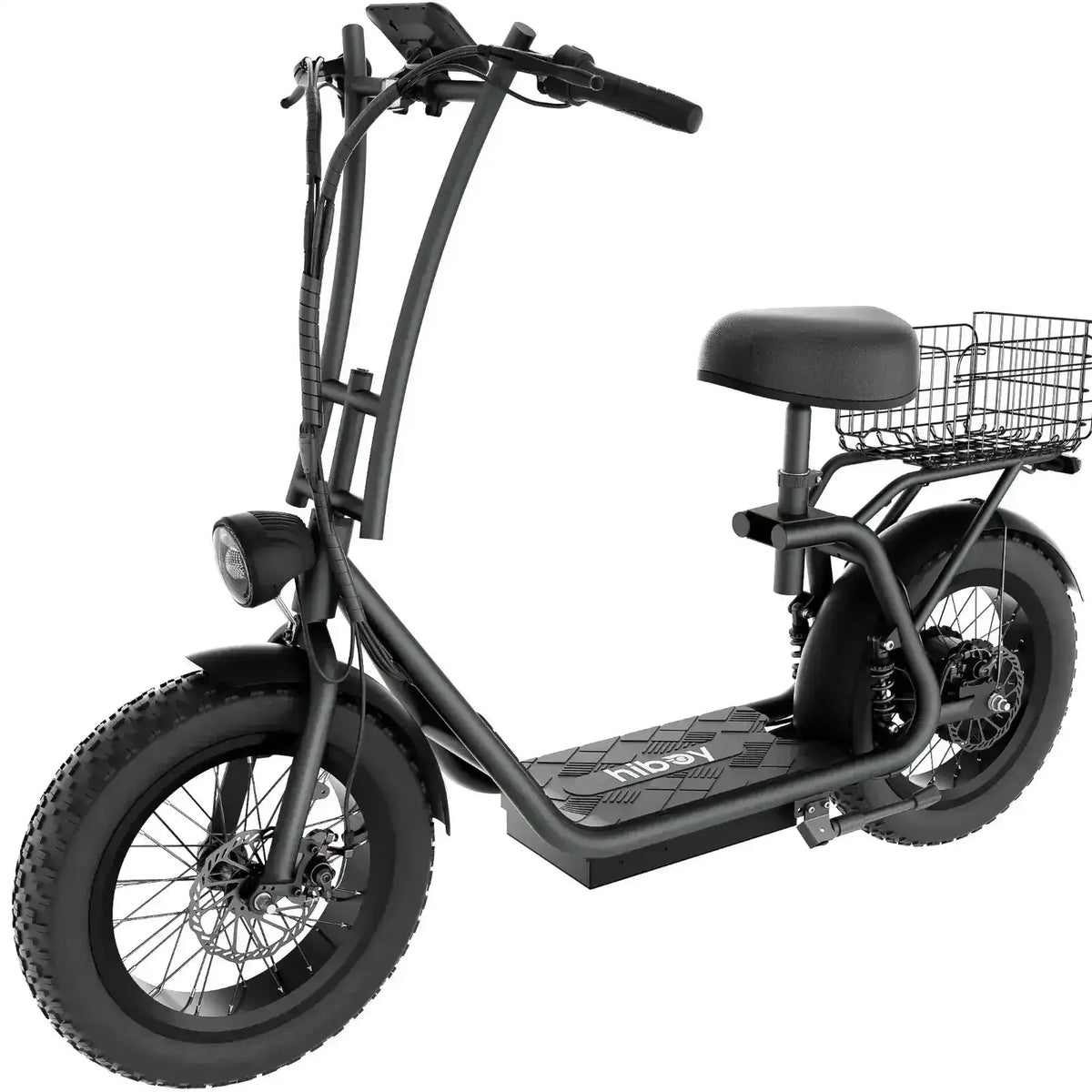 Black electric scooter with fat tires, front headlight, seat, and rear cargo basket