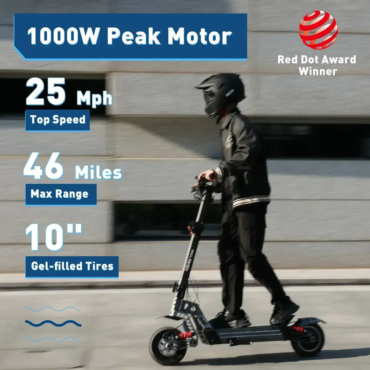 Person riding electric scooter with 1000W peak motor, 25 mph top speed, 46 mile range, 10-inch gel-filled tires.