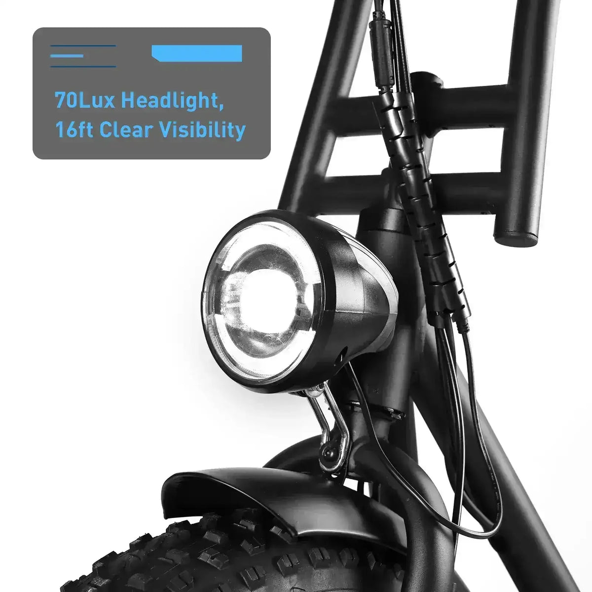 Close-up of electric bike 70lux LED headlight with 16ft visibility and fat tire