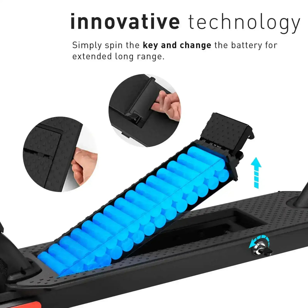 Electric scooter with innovative removable battery technology, close-up of battery pack being replaced for extended range.