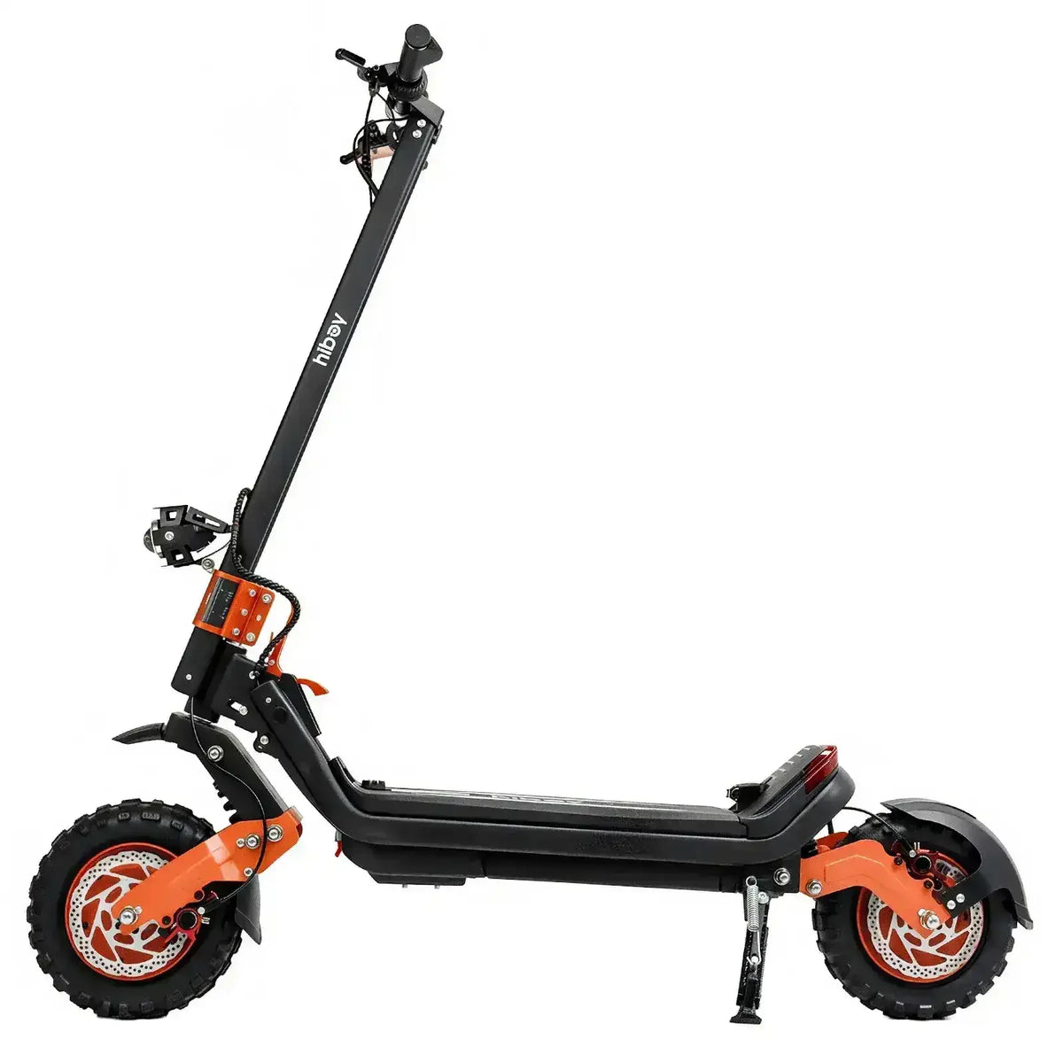 All-terrain electric scooter with knobby tires, disc brakes, and black and orange frame