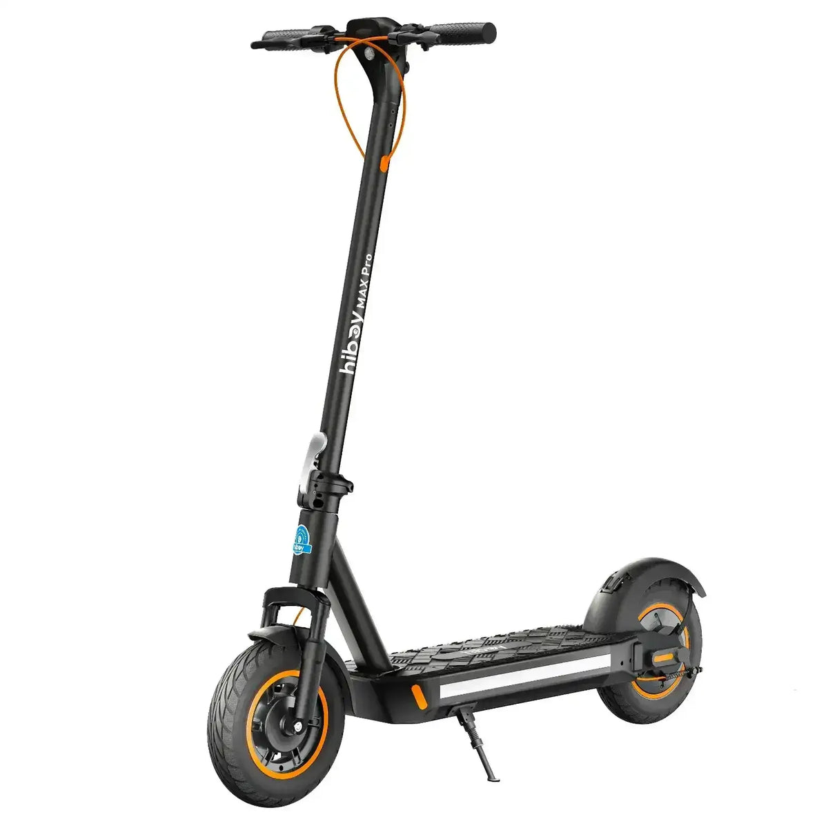 Black electric scooter with orange accents, wide deck, and kickstand on white background