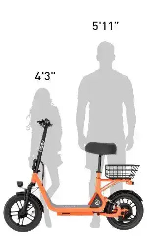 Orange electric scooter with a rear basket, shown next to height silhouettes for size comparison.