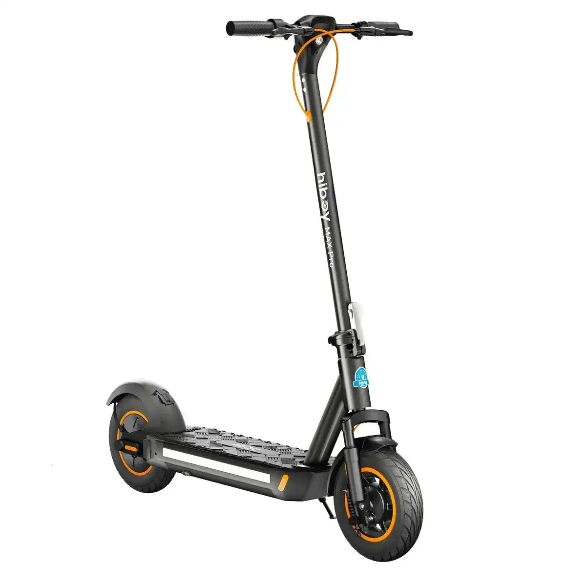 Black adult electric scooter with orange accents and wide tires on white background