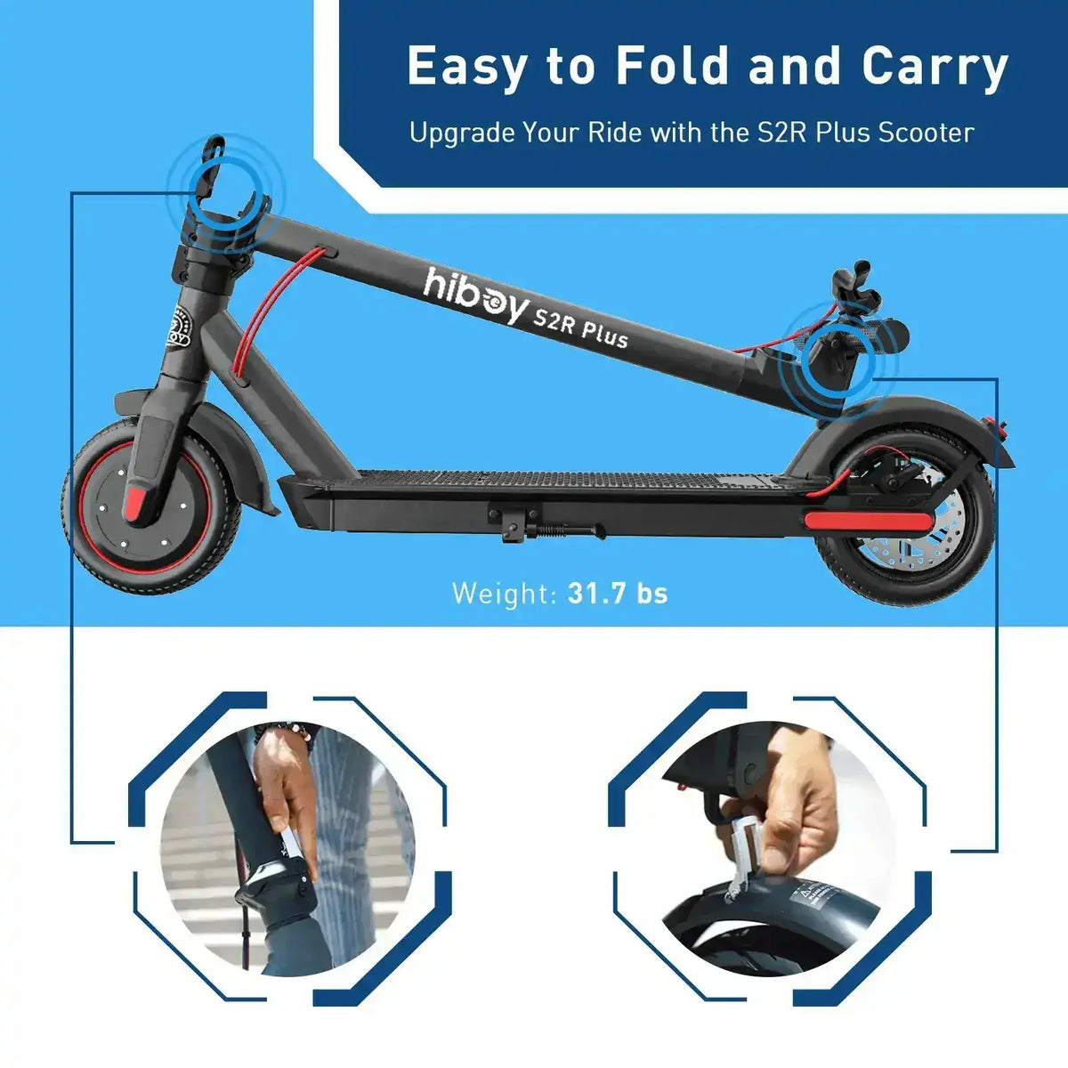 Foldable Hiboy S2R Plus electric scooter, easy carry design, portable, black, 31.7 lbs weight