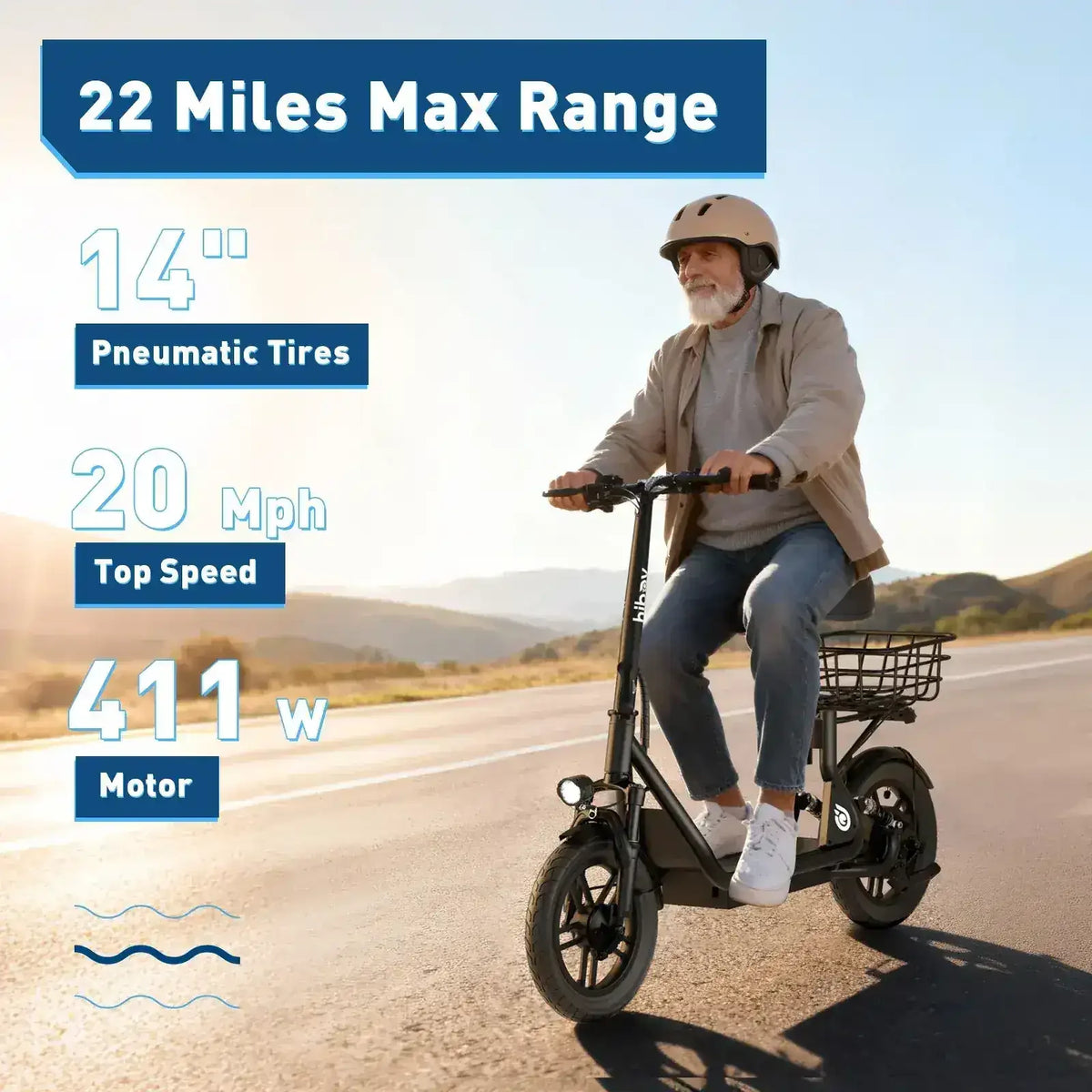 Man riding electric scooter with 22 mile range, 14 inch tires, 20 mph top speed, 411W motor on open road