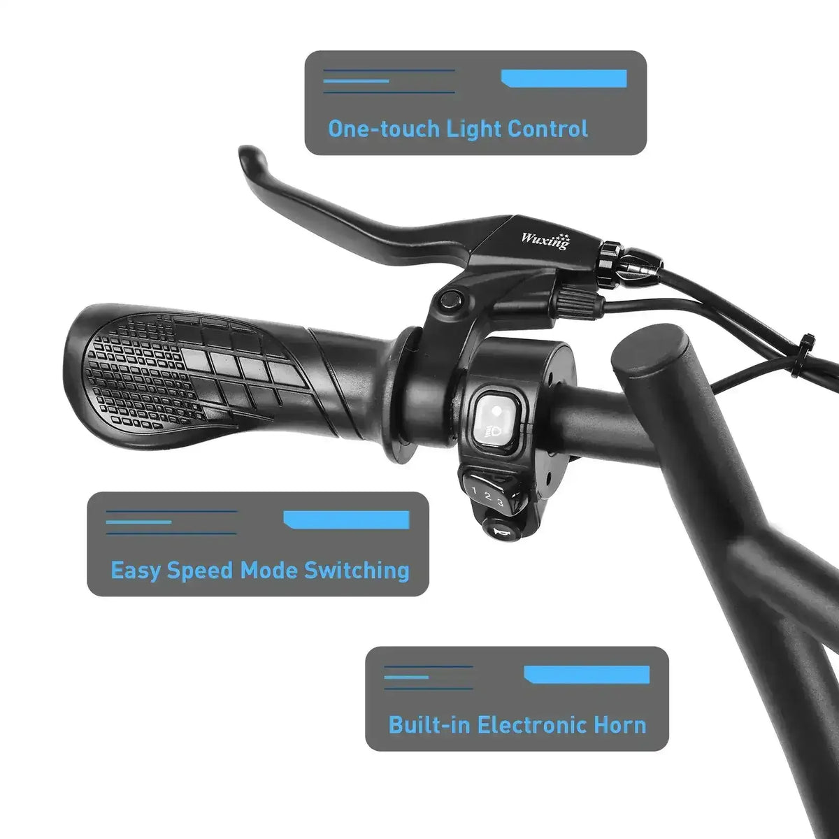 Electric scooter handlebar with ergonomic grip, speed mode switch, light control, and electronic horn