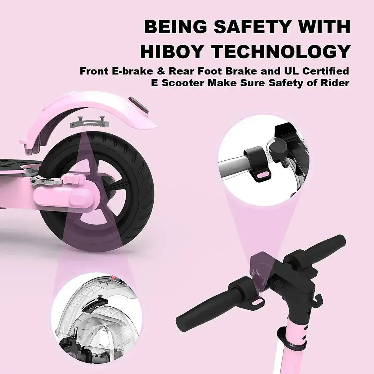 Pink electric scooter with front e-brake, rear foot brake, UL certified for rider safety