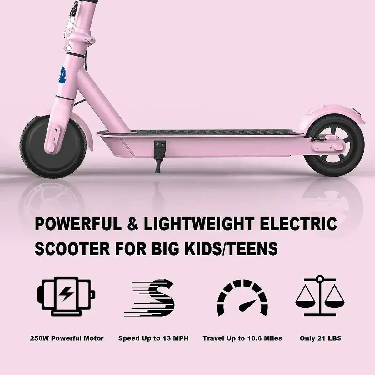 Pink electric scooter for kids and teens with 250W motor, 13 mph speed, lightweight design