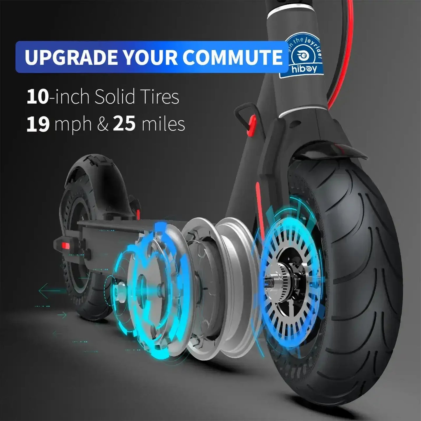 Electric scooter with 10-inch solid tires, highlighting 19 mph speed and 25 mile range