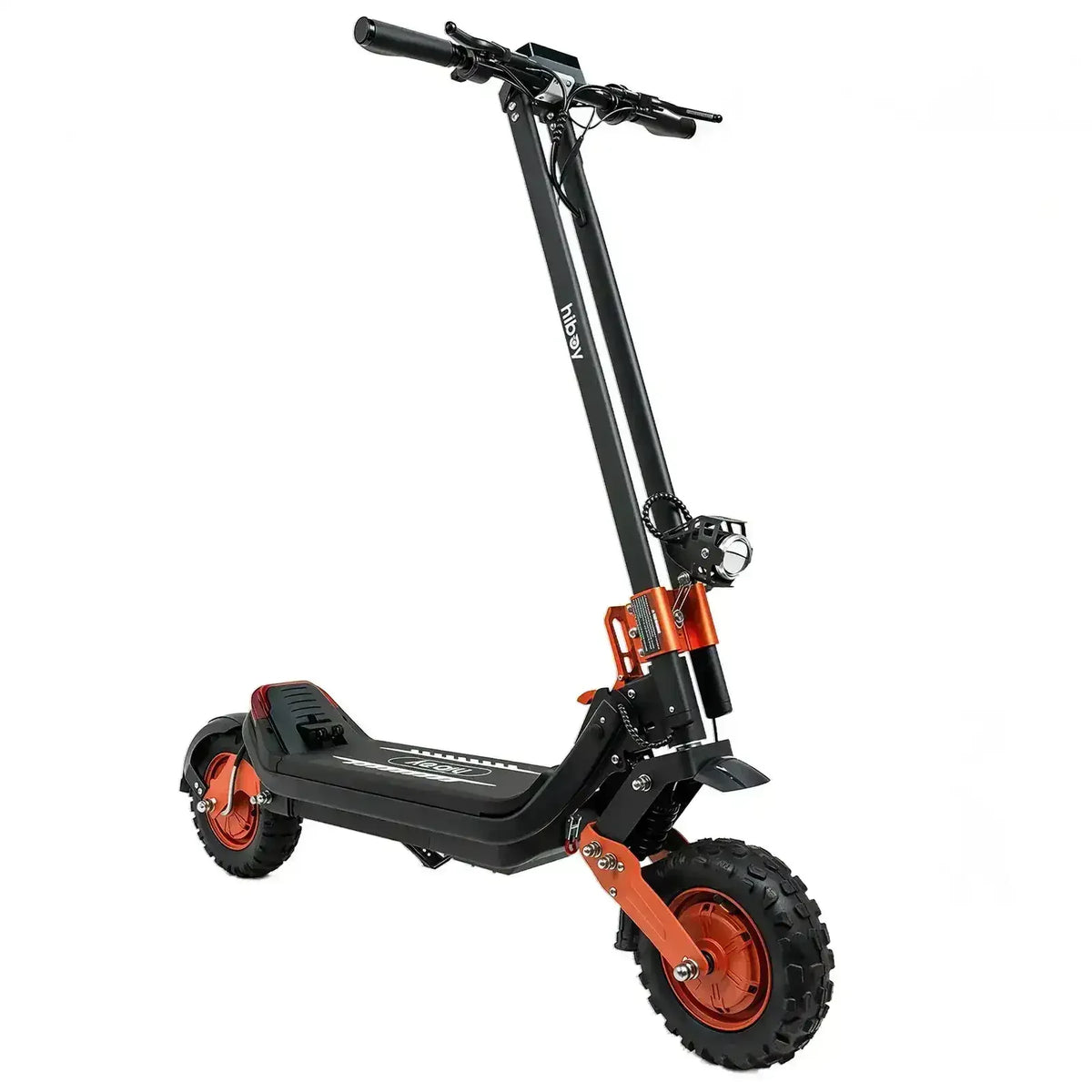 Black and orange electric scooter with off-road tires on a white background