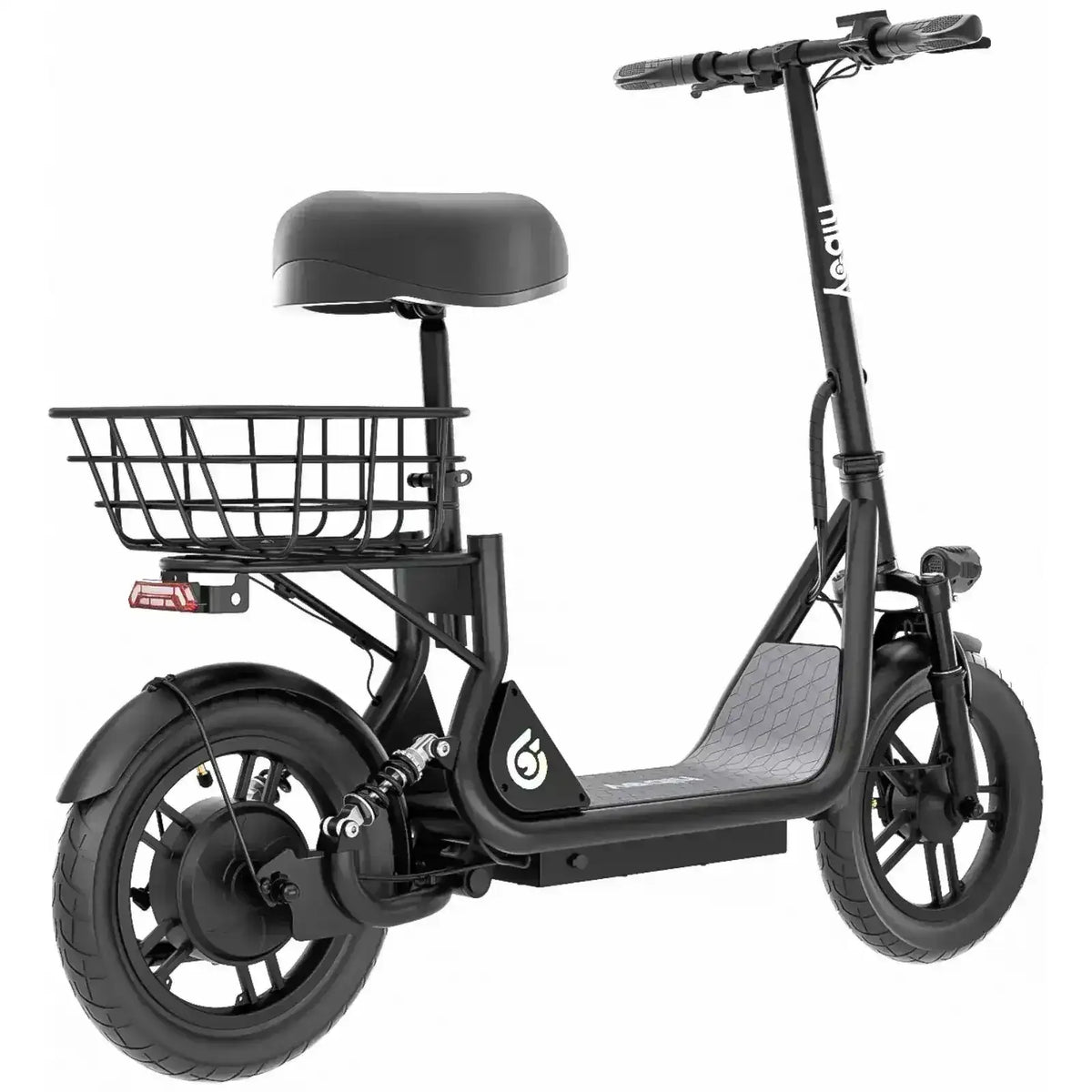 Black electric scooter with seat, rear basket, and front and rear suspension