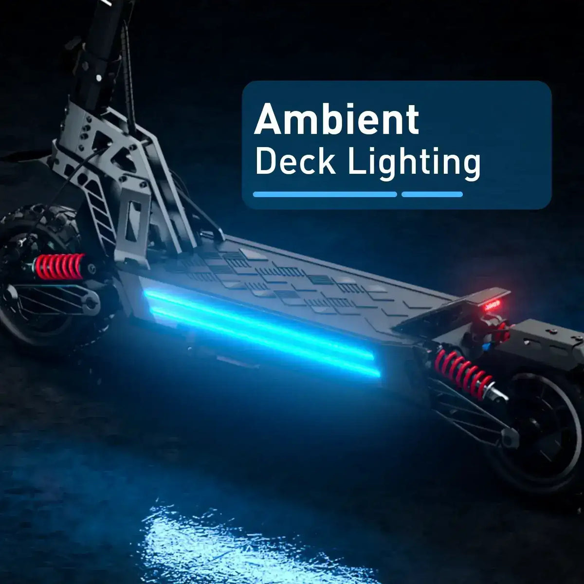 Electric scooter with blue ambient deck lighting and rear suspension on wet pavement