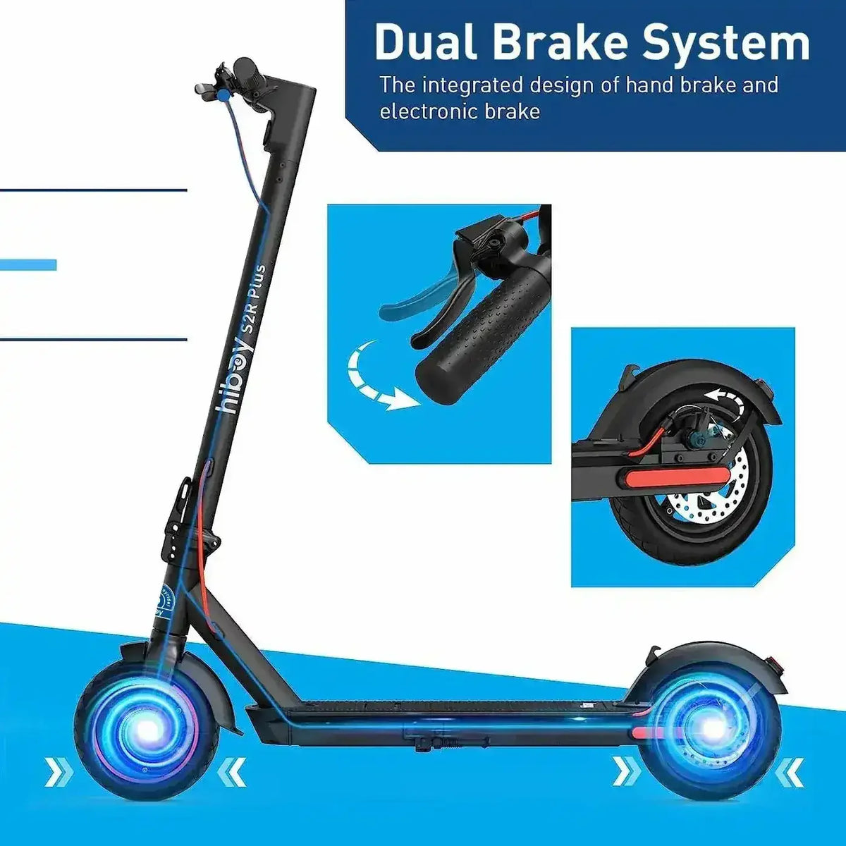 Electric scooter with dual brake system, hand brake and electronic brake close-ups