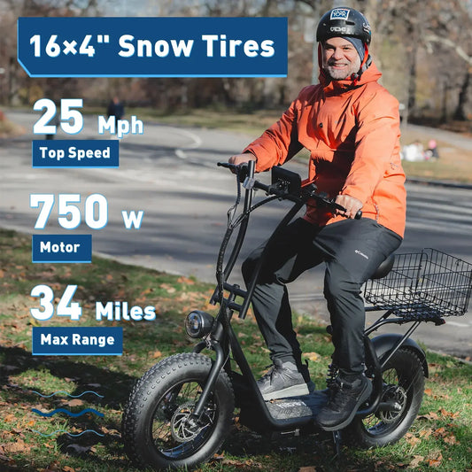 Man riding black electric scooter with 16x4 snow tires, 750W motor, 25 mph top speed, outdoors