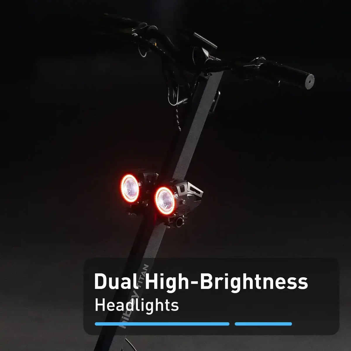 Electric scooter with dual high-brightness LED headlights in a dark setting