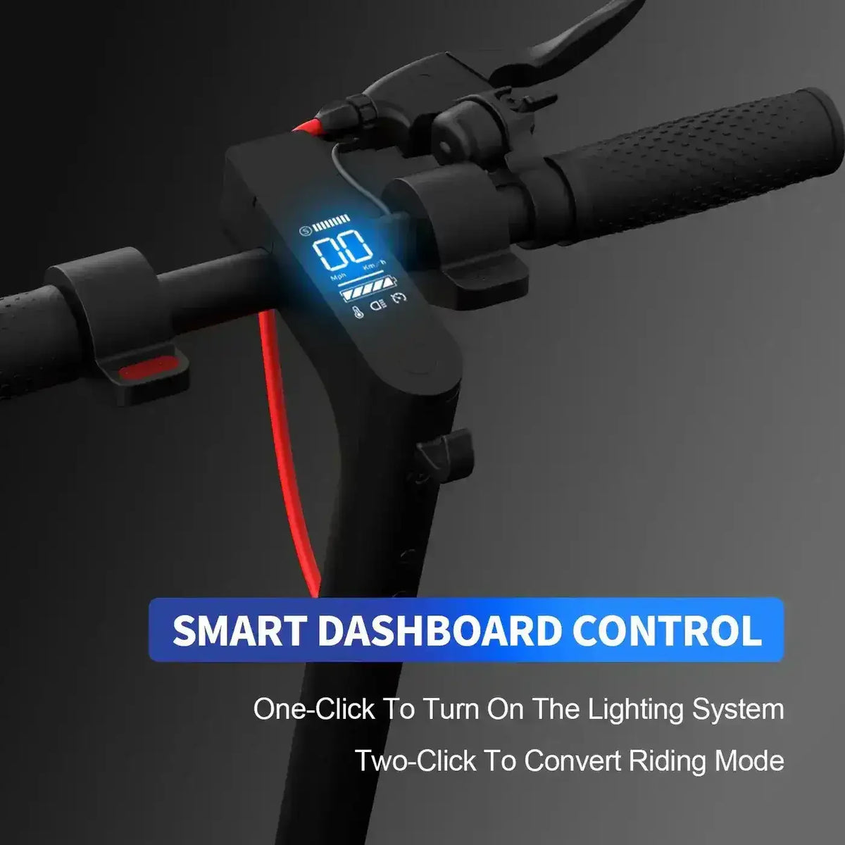 Electric scooter handlebar with LED smart dashboard, throttle, and brake lever on dark background