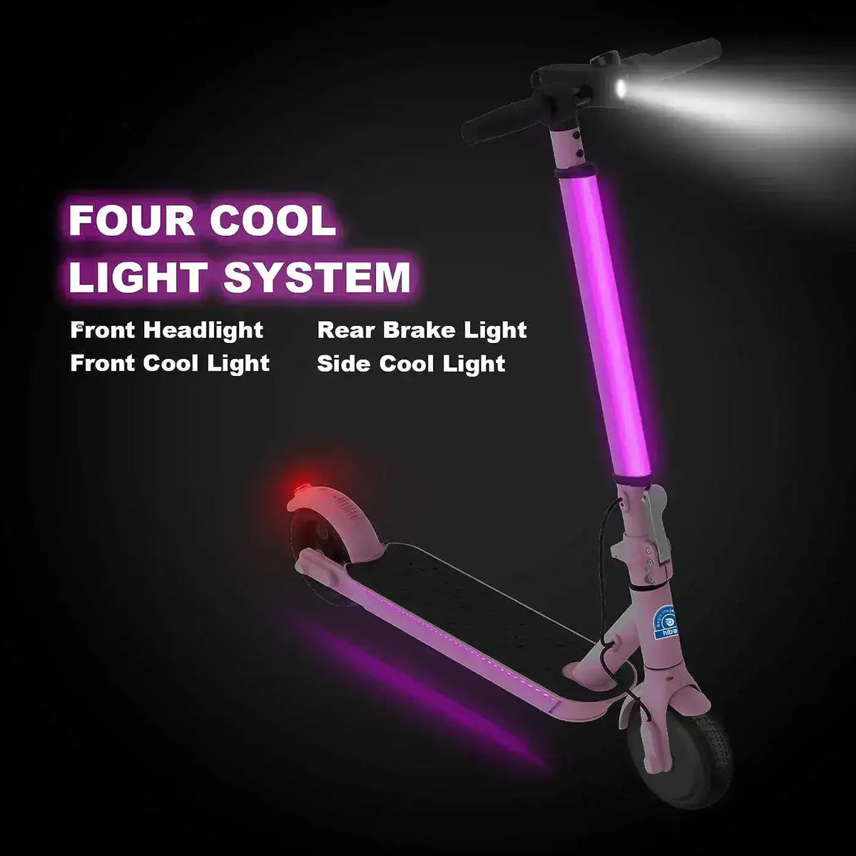 Electric scooter with pink LED lights, front headlight, rear brake light, and side light system.