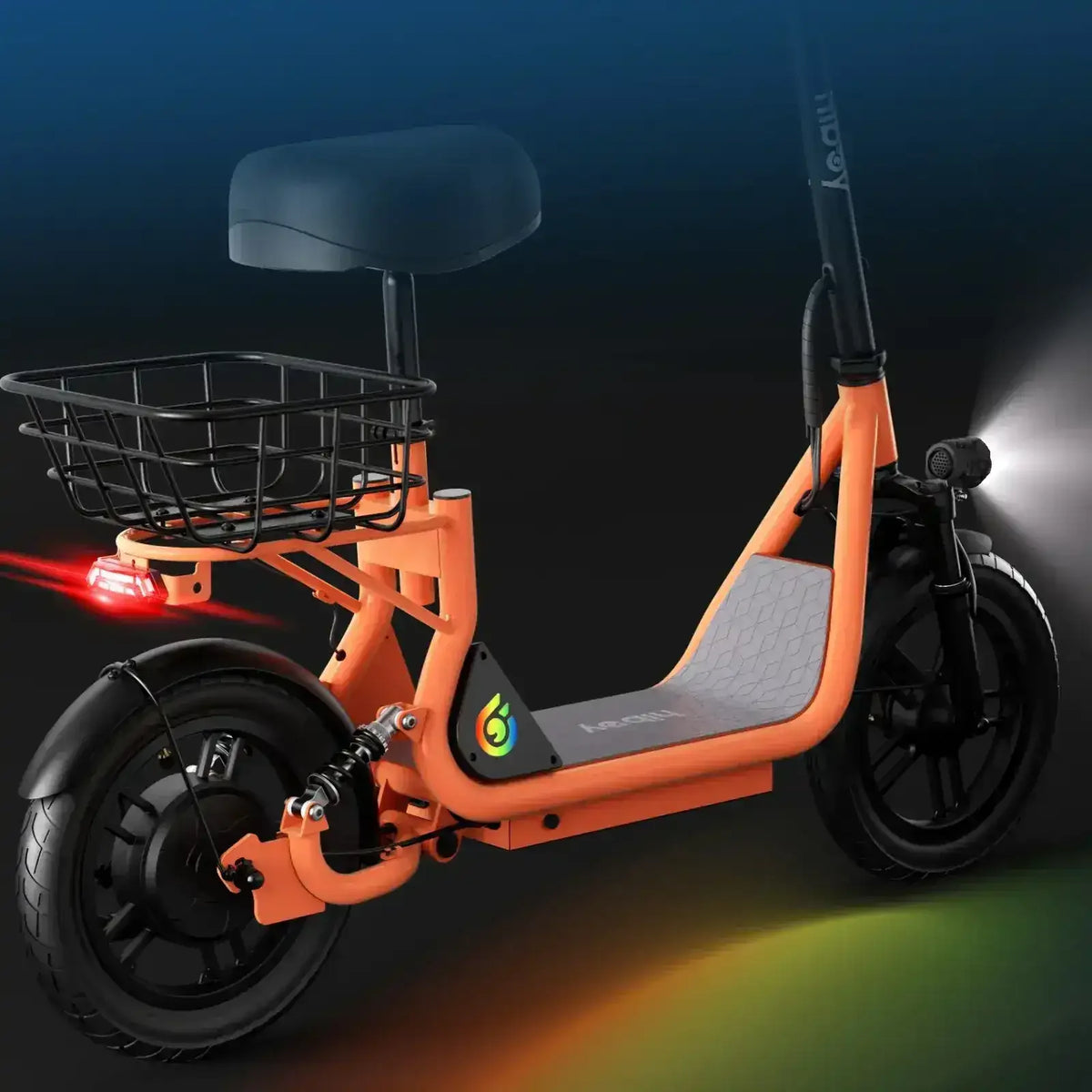 Orange electric scooter with seat, rear basket, headlights, and taillights against dark background