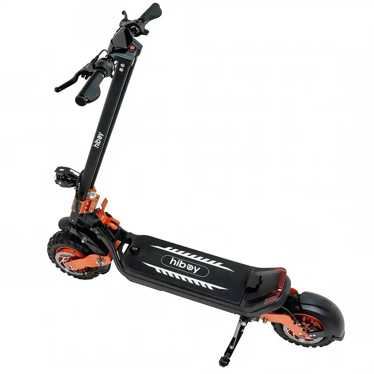 Black and orange electric scooter with rugged tires and Hiboy logo, side view