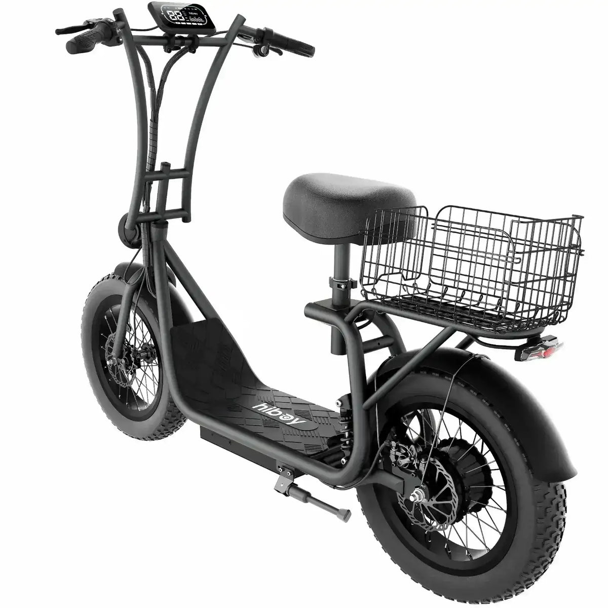 Electric scooter with wide tires, rear basket, padded seat, and digital display