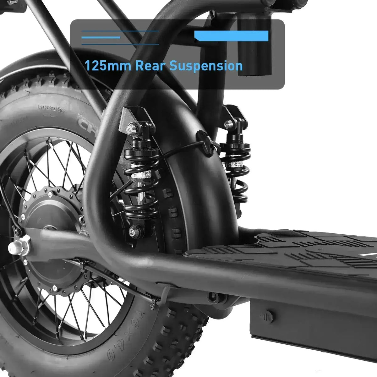 Close-up of 125mm rear suspension and thick tire on an off-road electric scooter