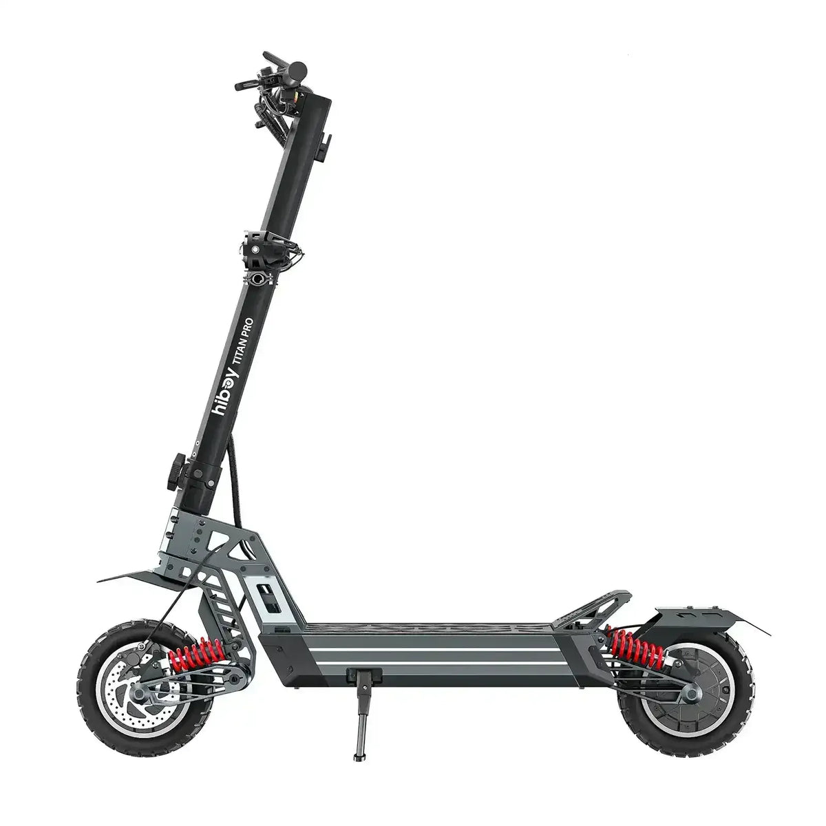 Electric off-road scooter with dual motors, heavy-duty suspension, and rugged tires on white background
