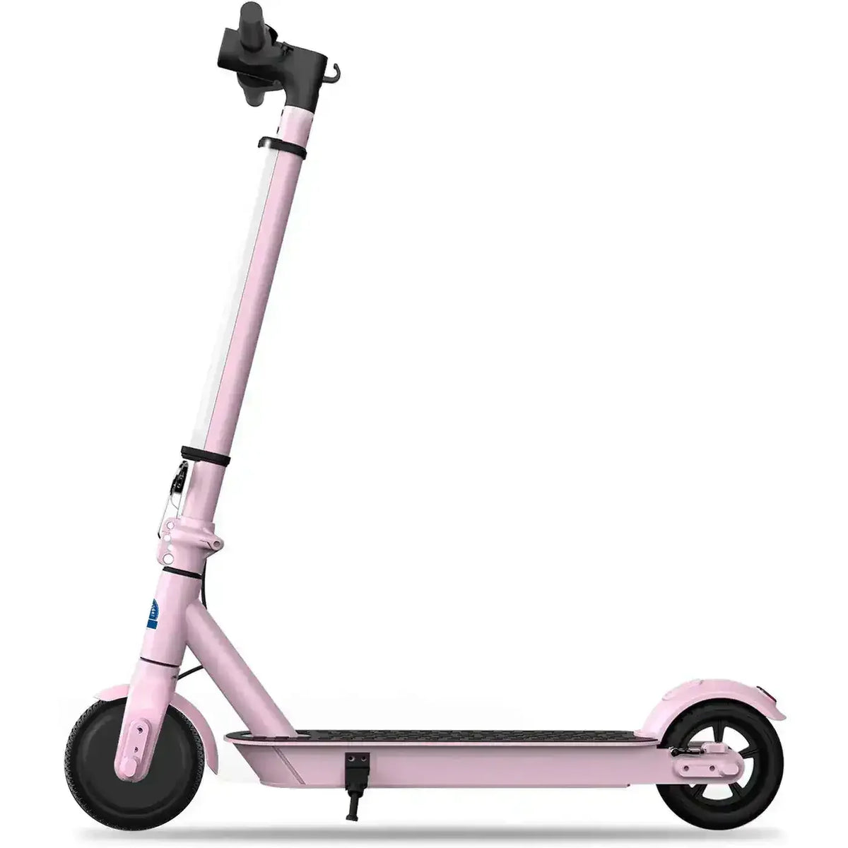 Pink electric scooter with black wheels and kickstand on white background